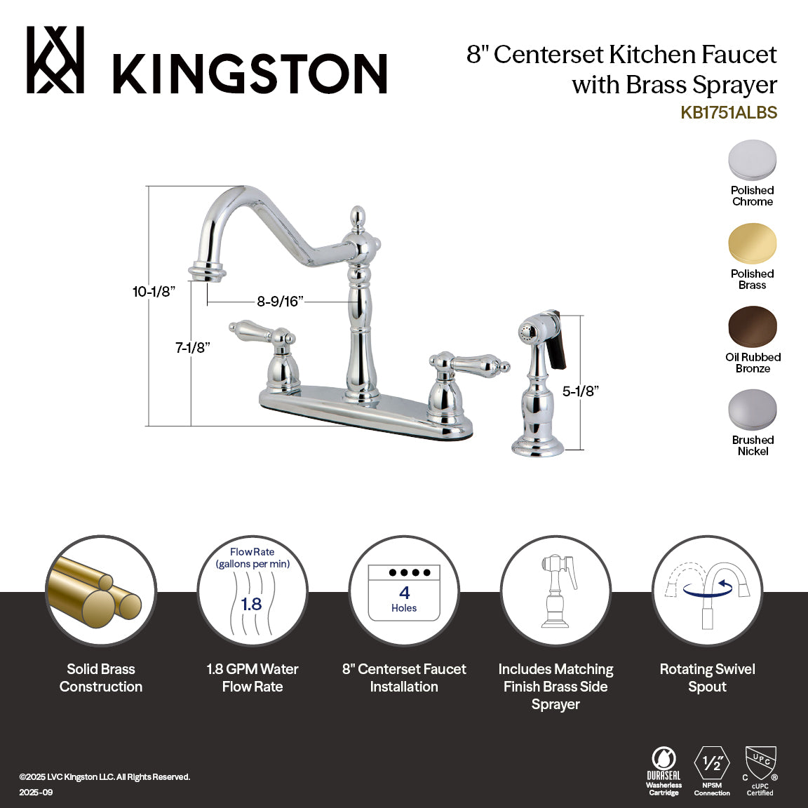 Kingston Heirloom KB1758ALBS - Heritage Two-Handle 4-Hole 8" Centerset Kitchen Faucet with Brass Sprayer, Brushed Nickel — thumbnail 2